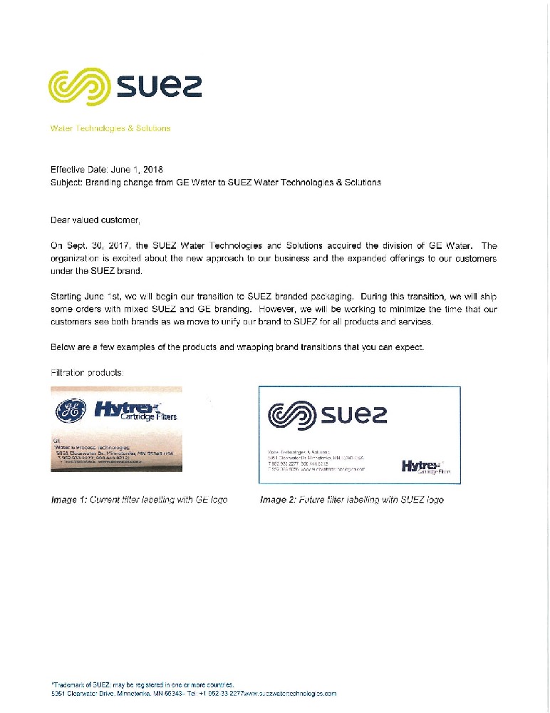 重要通知！！GE膜更换SUEZ包装